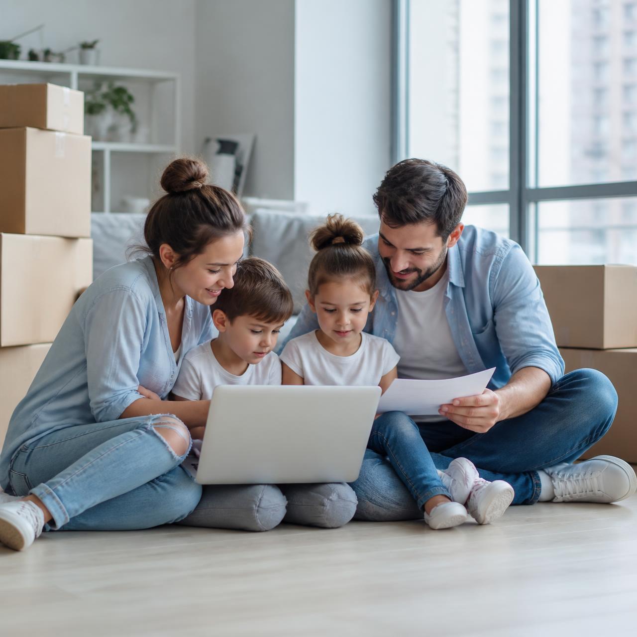 A family reviewing their relocation checklist together beside moving boxes